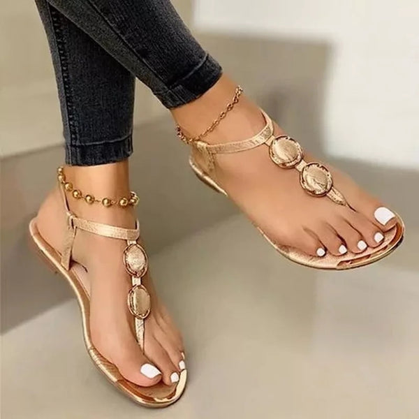 Double Round Buckle Skinny Strap Flat Leather Sandals