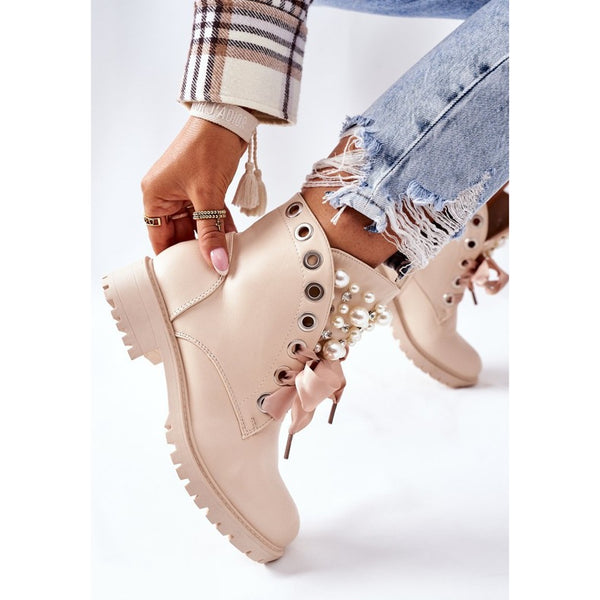 Women Beaded Leather Solid Color Boots