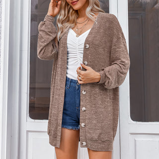 Buy khaki Thin Mid Length Knitwear V Neck Cardigan