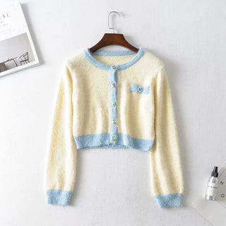 Cropped Diamond Button Knit Round Neck Cardigan Sweater