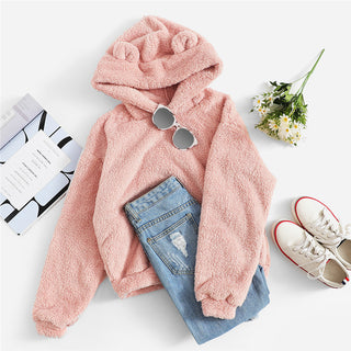 Women Soft Fur Plain Hoodie