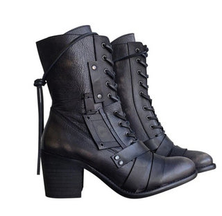 Buy black Thick High Heel Lace-up Leather Strapped Boots