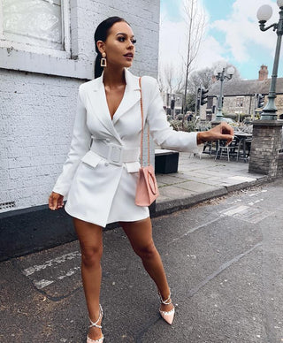 Buy white Women V Neck Belted Blazer Dress