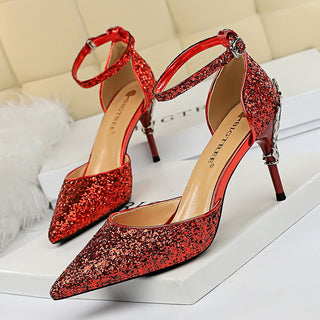 Buy dark-red Women High Metallic Sequined Heels