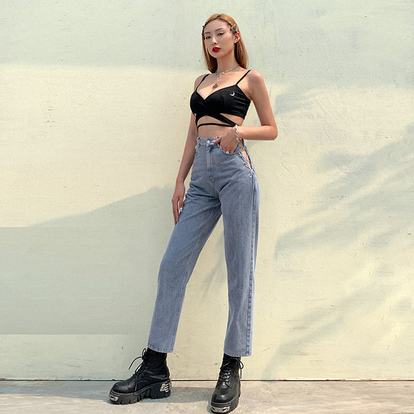 Side Slit Chain High Waist Jean