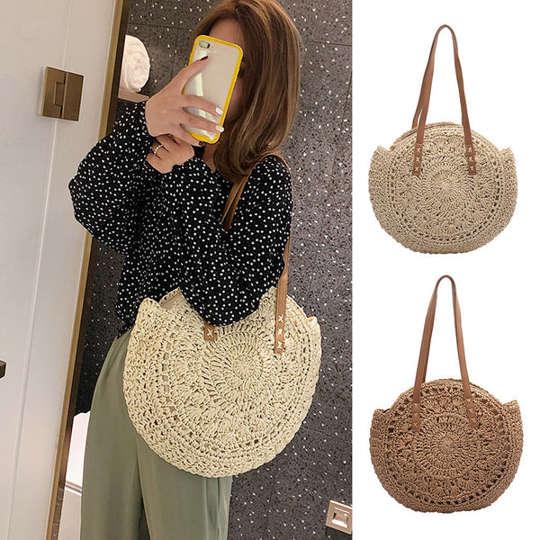 Round Hollow Straw Crochet Shoulderbag