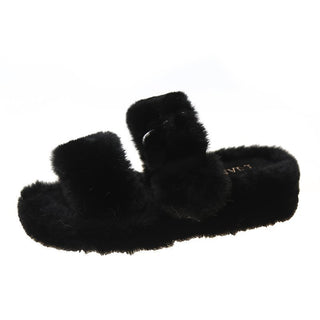 Buy black Double Bow Strap Thick Plush Slip-on Comfort Shoes