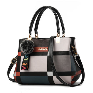 Plaid Patterned Leather Handbag with Pom Pom Extension