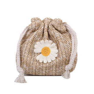 Buy khaki Woven Straw Drawstring Floral Crossbody Bag