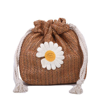 Buy brown Woven Straw Drawstring Floral Crossbody Bag