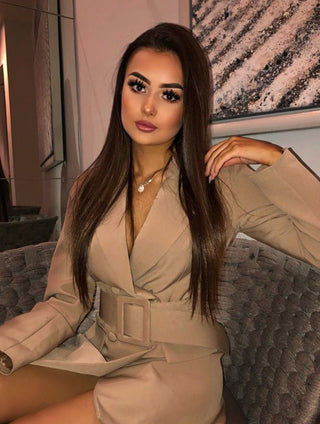 Buy khaki Women V Neck Belted Blazer Dress