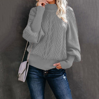 Buy light-gray Mid Neck Loose Knit Solid Color Sweater