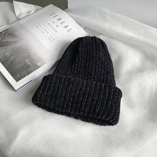 Buy black Unisex Pure Color Chenille Knitted Woolen Hat