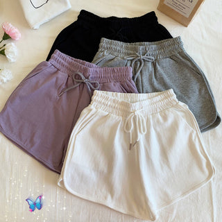 High Waist Solid Color Cotton Drawstring Shorts