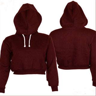 Buy red Cropped Solid-Coloured Drawstring Hoodie