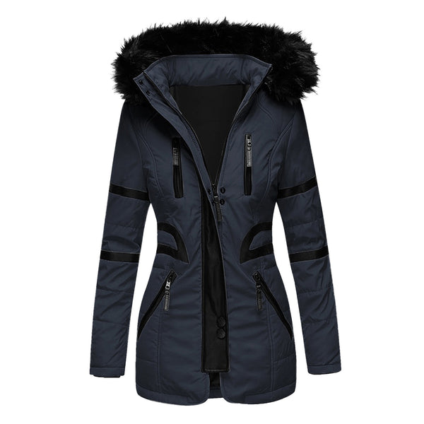 Women Contrasting Color Fur Collar Coat