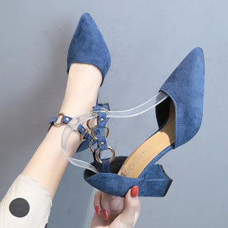 Buy blue-thick-heel Women Pointed Stiletto Ring Buckle High Heels