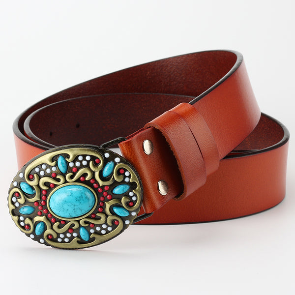 Women Bead Buckle Leather Belt