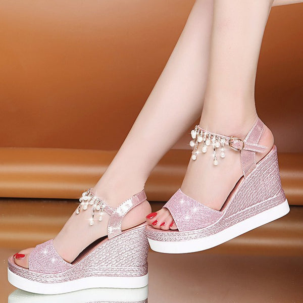 Hanging Strap Sparkly Wedge Platform Sandals