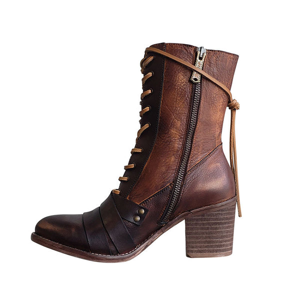 Thick High Heel Lace-up Leather Strapped Boots