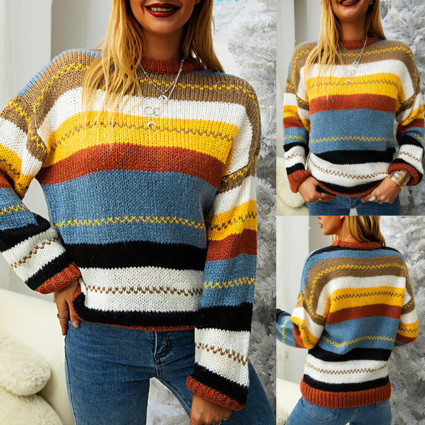 Stripe Stitching Round Neck Long-Sleeved Sweater