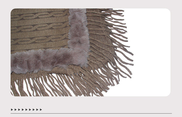 Women Cashmere Knitted Cape Shawl With Fur Collar