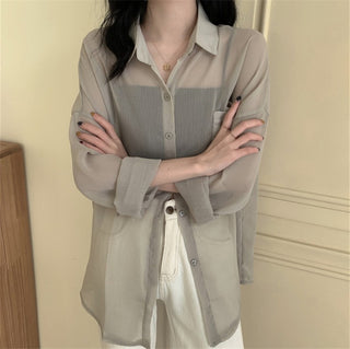 Buy green Chiffon See-through Collared Cardigan Top