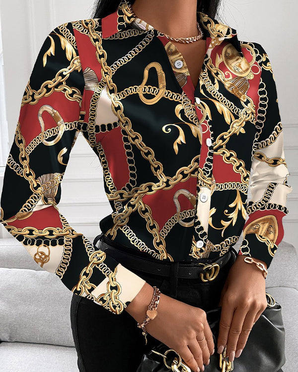 Loose Long Sleeve V Neck Button Print Shirt