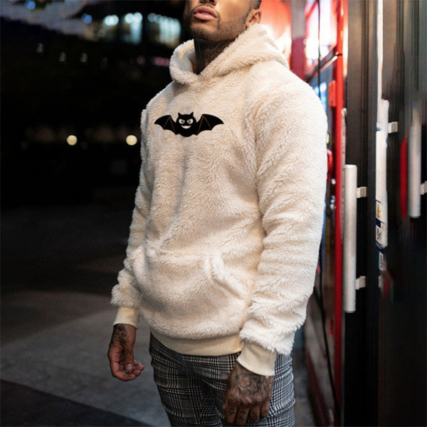 Men Bat Printed Plush Hoodie