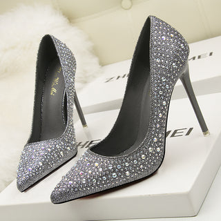 Buy grey Elegant Stiletto Rhinestone Pointed Toe Heels