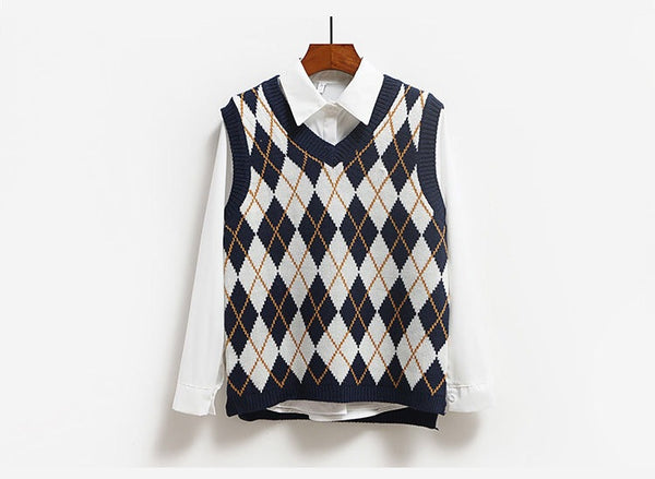 Women College Style Knitted Sweater Vest