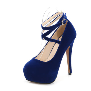 Buy blue Thick Cross Strap Leather High Heels