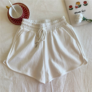 Buy white High Waist Solid Color Cotton Drawstring Shorts