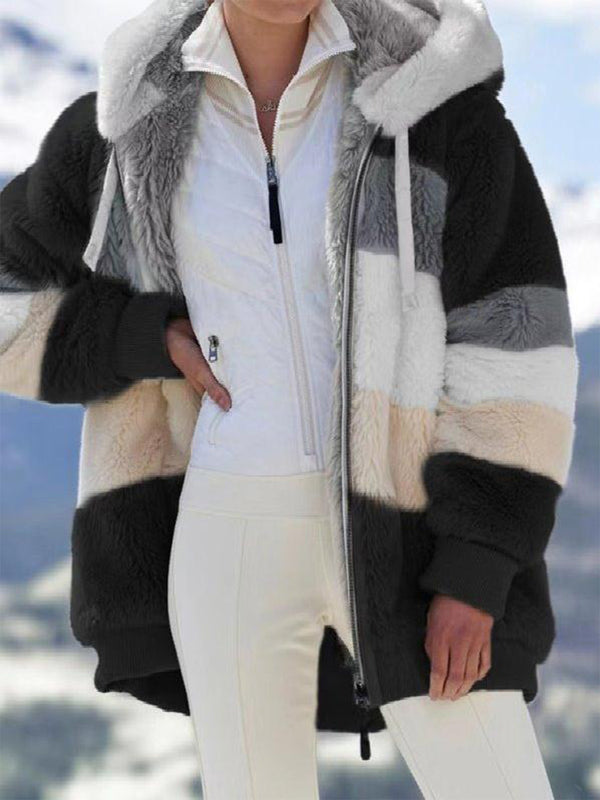 Women Loose Plus Velvet Hooded Fur Jacket