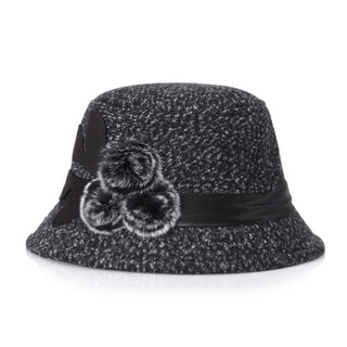 Buy black Woolen Pom Pom Flowered Ribbon Hat