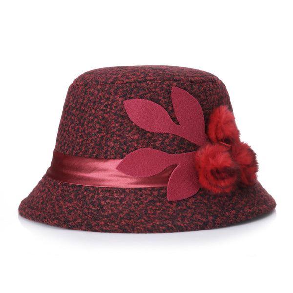 Woolen Pom Pom Flowered Ribbon Hat