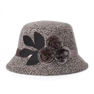 Buy khaki Woolen Pom Pom Flowered Ribbon Hat