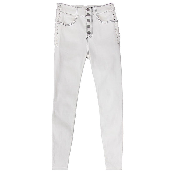 Women Versatile Drawstring White Jeans