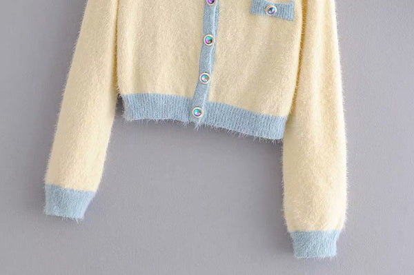 Cropped Diamond Button Knit Round Neck Cardigan Sweater