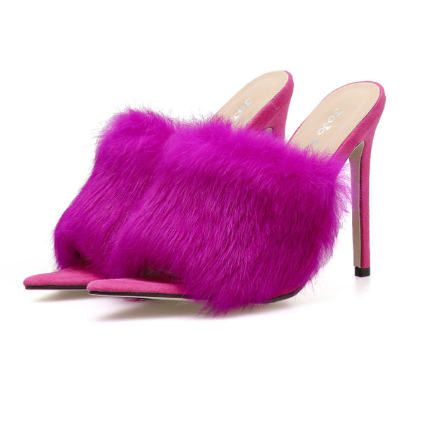 Women Fur Strapped PU High Heels