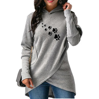 Buy gray Women Paw Print Long Hoodie