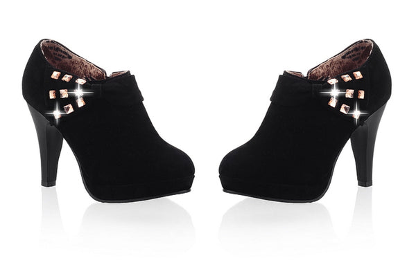 Round Bow Rhinestone Suede High Heel Boot