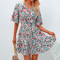 V-Neck Short-Sleeved Ruffled Floral Dress