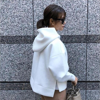 Buy white Loose Solid Colored Polyester Hoodie