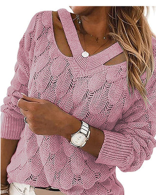 Buy pink Feather Patterned Netted V-neck Off-the-shoulder Sweater