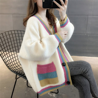 Striped Edge Thick Cotton Cardigan Sweater