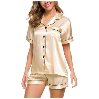 Buy beige Silk Satin Pajamas Set Short Sleeve Button Down Sleepwear