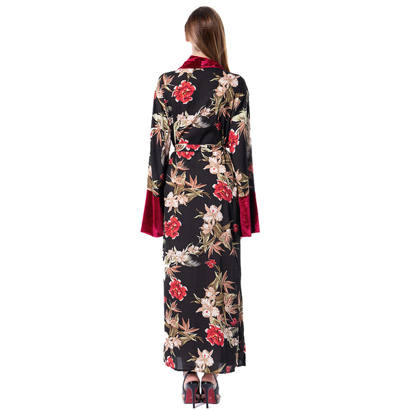 Women Floral Velvet Line Cardigan Robe