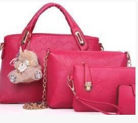 Buy pink Four Piece PU Leather Solid Color Bag Set