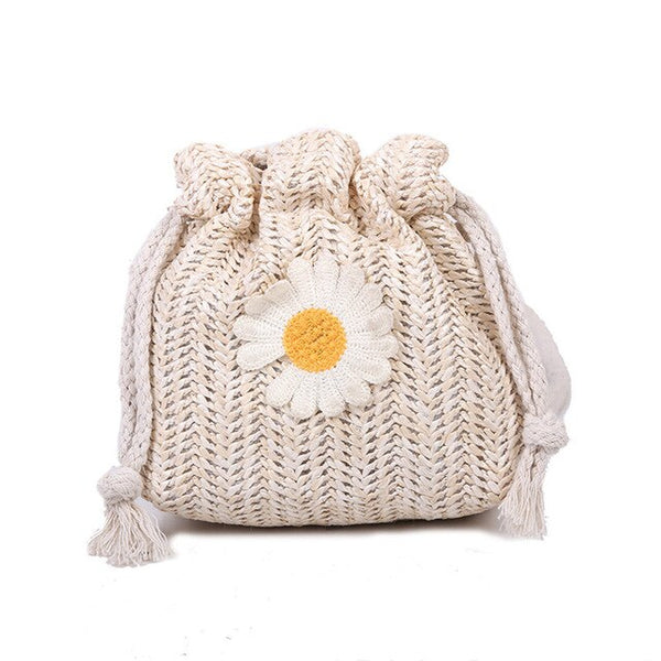 Woven Straw Drawstring Floral Crossbody Bag